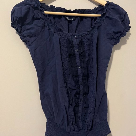 BLUENOTES Navy Blue Frill Trim Short Sleeve Shirred Embroidered Blouse - Picture 3 of 7